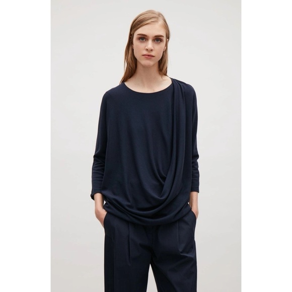 COS Navy Drape Front 3/4 Sleeve Top Size Medium - Picture 1 of 9